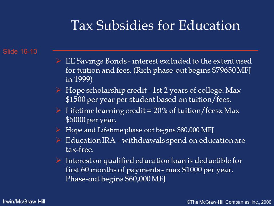 Slide Irwin/McGraw-Hill ©The McGraw-Hill Companies, Inc., 2000 Tax Subsidies for Education  EE Savings Bonds - interest excluded to the extent used for tuition and fees.