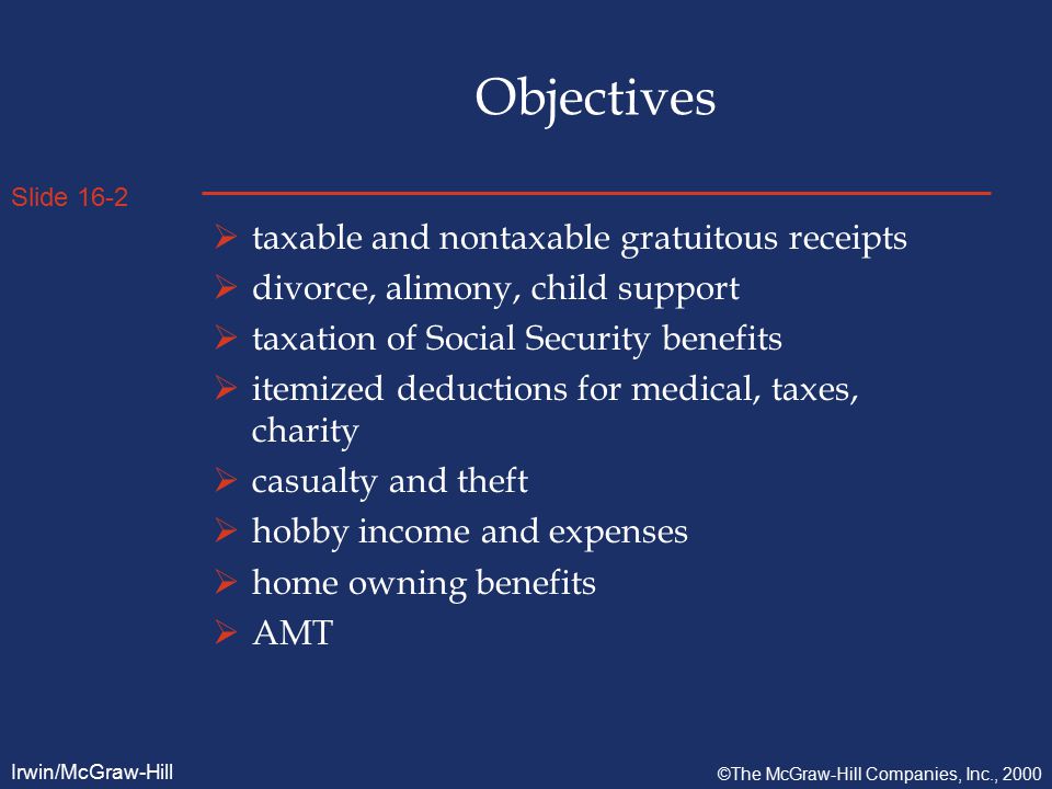 Slide 16-2 Irwin/McGraw-Hill ©The McGraw-Hill Companies, Inc., 2000 Objectives  taxable and nontaxable gratuitous receipts  divorce, alimony, child support  taxation of Social Security benefits  itemized deductions for medical, taxes, charity  casualty and theft  hobby income and expenses  home owning benefits  AMT