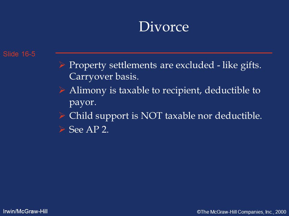 Slide 16-5 Irwin/McGraw-Hill ©The McGraw-Hill Companies, Inc., 2000 Divorce  Property settlements are excluded - like gifts.