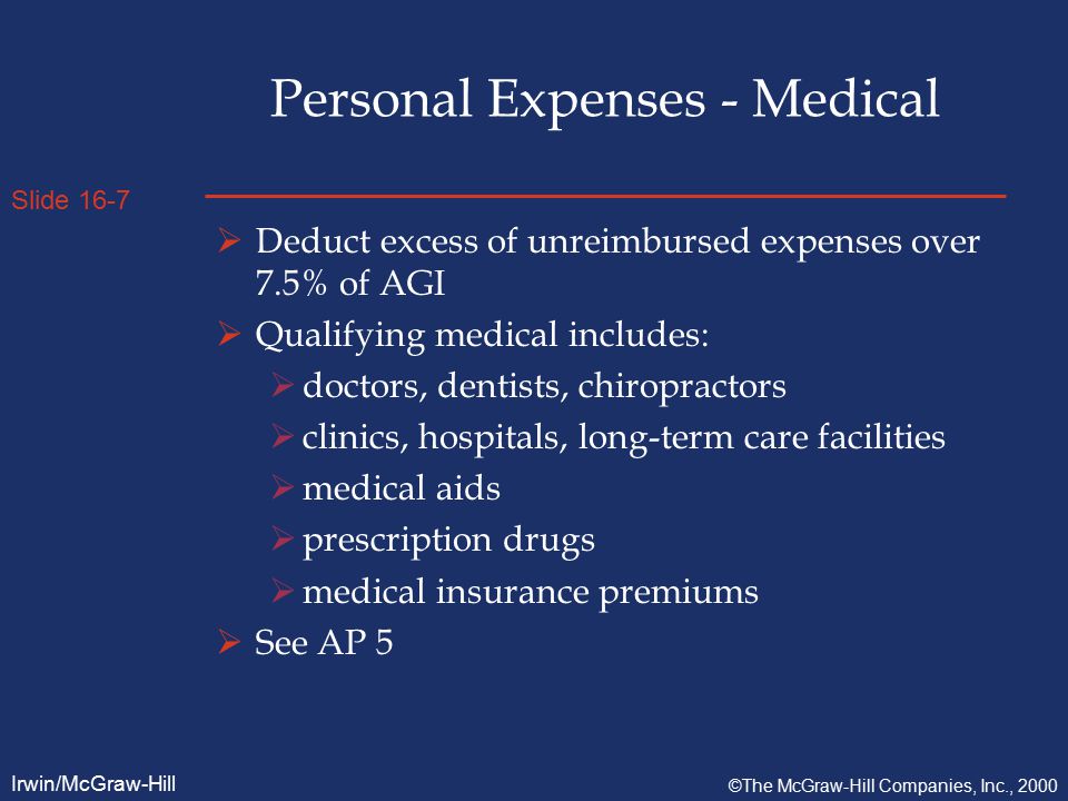 Slide 16-7 Irwin/McGraw-Hill ©The McGraw-Hill Companies, Inc., 2000 Personal Expenses - Medical  Deduct excess of unreimbursed expenses over 7.5% of AGI  Qualifying medical includes:  doctors, dentists, chiropractors  clinics, hospitals, long-term care facilities  medical aids  prescription drugs  medical insurance premiums  See AP 5