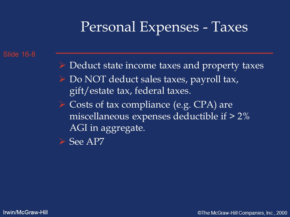 Slide 16-8 Irwin/McGraw-Hill ©The McGraw-Hill Companies, Inc., 2000 Personal Expenses - Taxes  Deduct state income taxes and property taxes  Do NOT deduct sales taxes, payroll tax, gift/estate tax, federal taxes.