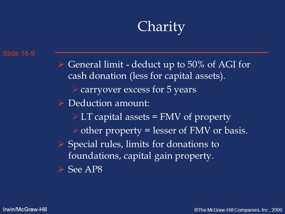 Slide 16-9 Irwin/McGraw-Hill ©The McGraw-Hill Companies, Inc., 2000 Charity  General limit - deduct up to 50% of AGI for cash donation (less for capital assets).