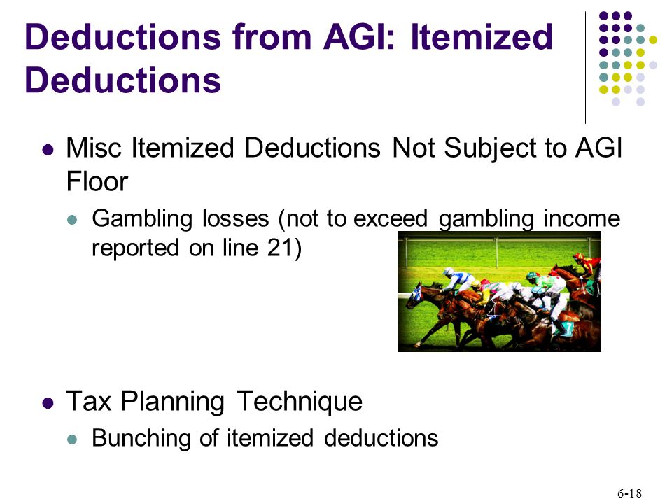 6-18 Deductions from AGI: Itemized Deductions Misc Itemized Deductions Not Subject to AGI Floor Gambling losses (not to exceed gambling income reported on line 21) Tax Planning Technique Bunching of itemized deductions
