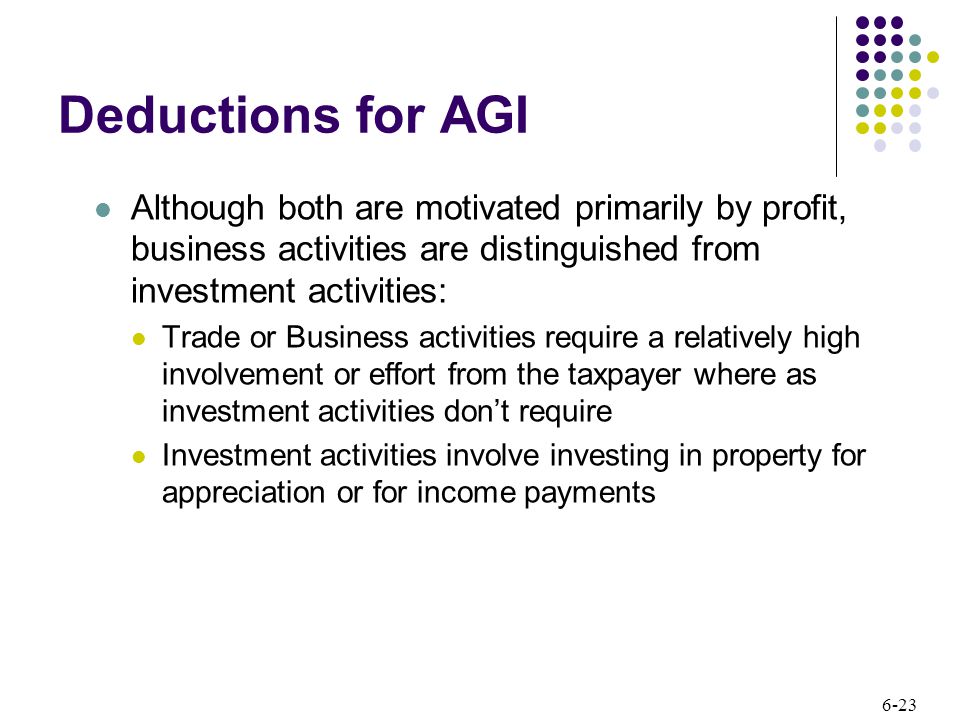 6-23 Deductions for AGI Although both are motivated primarily by profit, business activities are distinguished from investment activities: Trade or Business activities require a relatively high involvement or effort from the taxpayer where as investment activities don’t require Investment activities involve investing in property for appreciation or for income payments