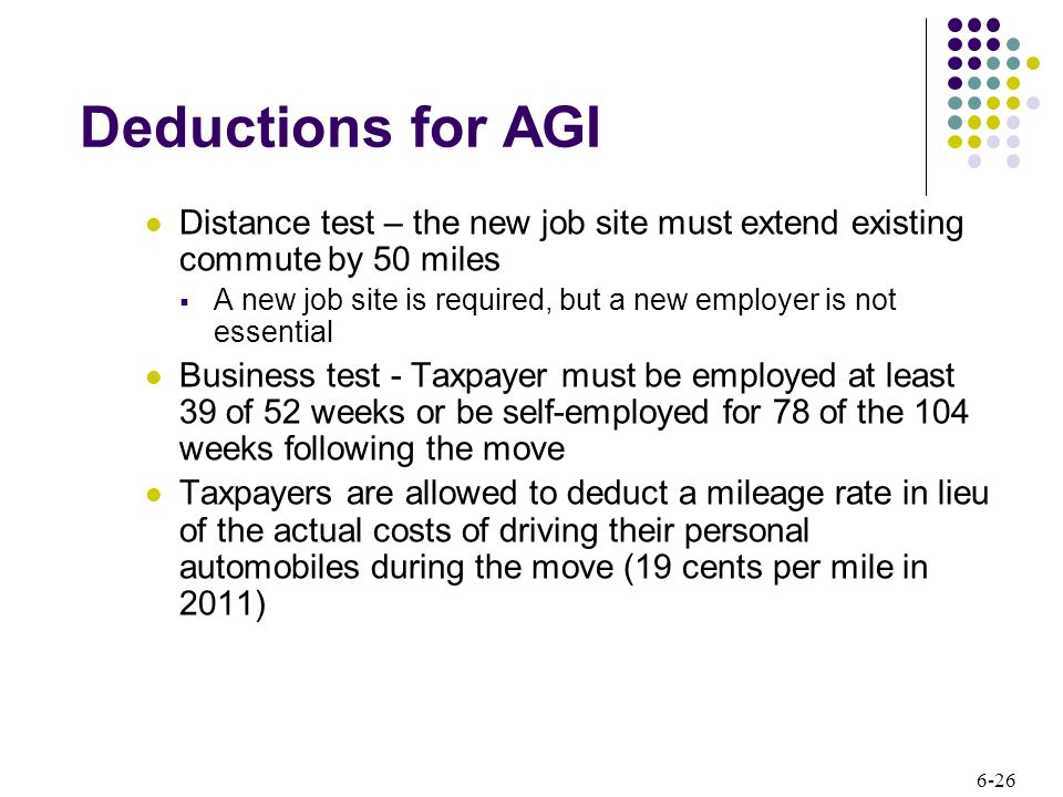 6-26 Deductions for AGI Distance test – the new job site must extend existing commute by 50 miles  A new job site is required, but a new employer is not essential Business test - Taxpayer must be employed at least 39 of 52 weeks or be self-employed for 78 of the 104 weeks following the move Taxpayers are allowed to deduct a mileage rate in lieu of the actual costs of driving their personal automobiles during the move (19 cents per mile in 2011)
