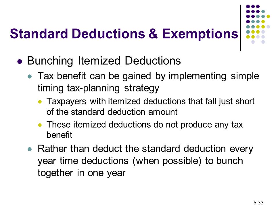 6-33 Standard Deductions & Exemptions Bunching Itemized Deductions Tax benefit can be gained by implementing simple timing tax-planning strategy Taxpayers with itemized deductions that fall just short of the standard deduction amount These itemized deductions do not produce any tax benefit Rather than deduct the standard deduction every year time deductions (when possible) to bunch together in one year