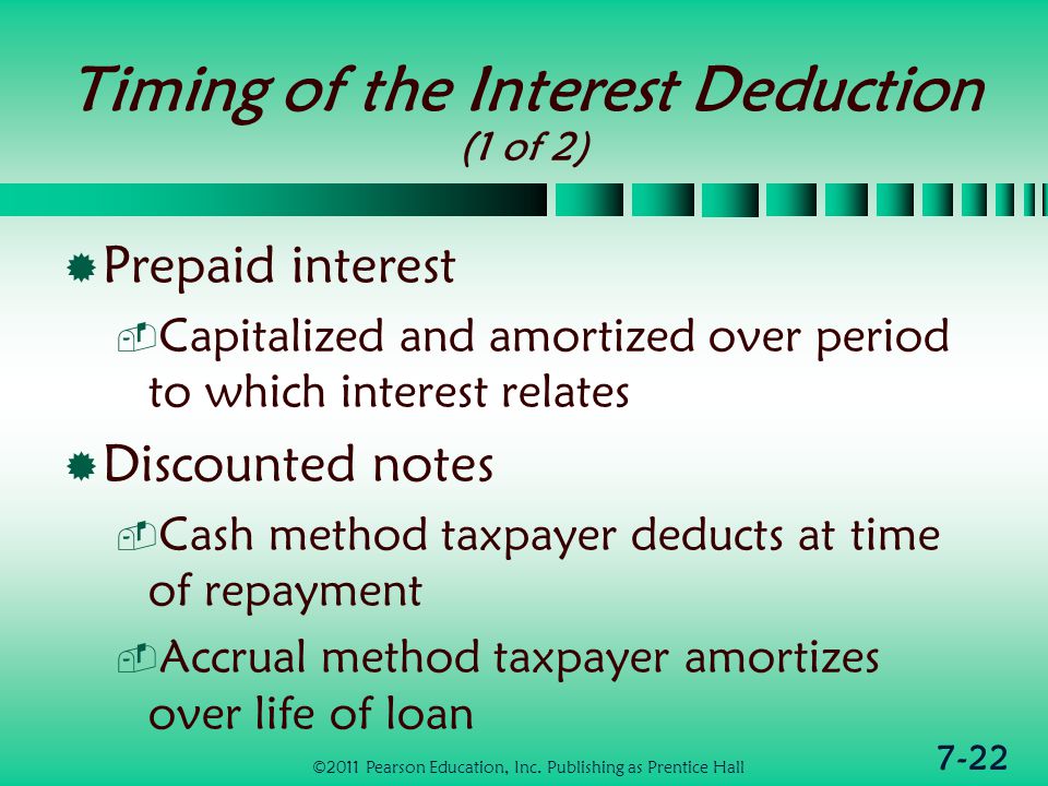 7-22 Timing of the Interest Deduction (1 of 2)  Prepaid interest  Capitalized and amortized over period to which interest relates  Discounted notes  Cash method taxpayer deducts at time of repayment  Accrual method taxpayer amortizes over life of loan ©2011 Pearson Education, Inc.
