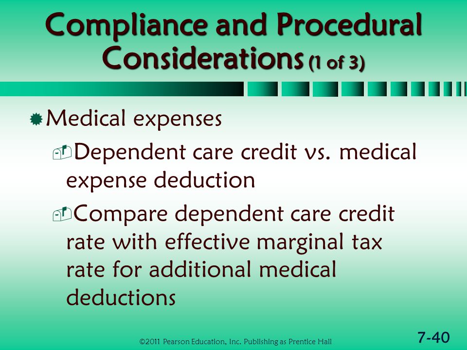 7-40 Compliance and Procedural Considerations (1 of 3)  Medical expenses  Dependent care credit vs.
