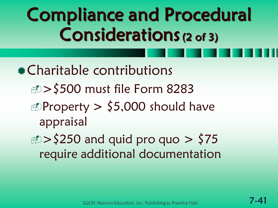 7-41 Compliance and Procedural Considerations (2 of 3)  Charitable contributions  >$500 must file Form 8283  Property > $5,000 should have appraisal  >$250 and quid pro quo > $75 require additional documentation ©2011 Pearson Education, Inc.