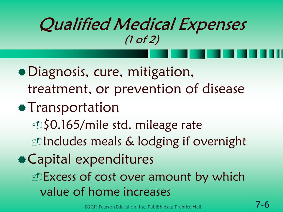 7-6 Qualified Medical Expenses (1 of 2)  Diagnosis, cure, mitigation, treatment, or prevention of disease  Transportation  $0.165/mile std.