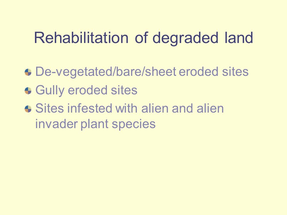 Rehabilitation of degraded land De-vegetated/bare/sheet eroded sites Gully eroded sites Sites infested with alien and alien invader plant species