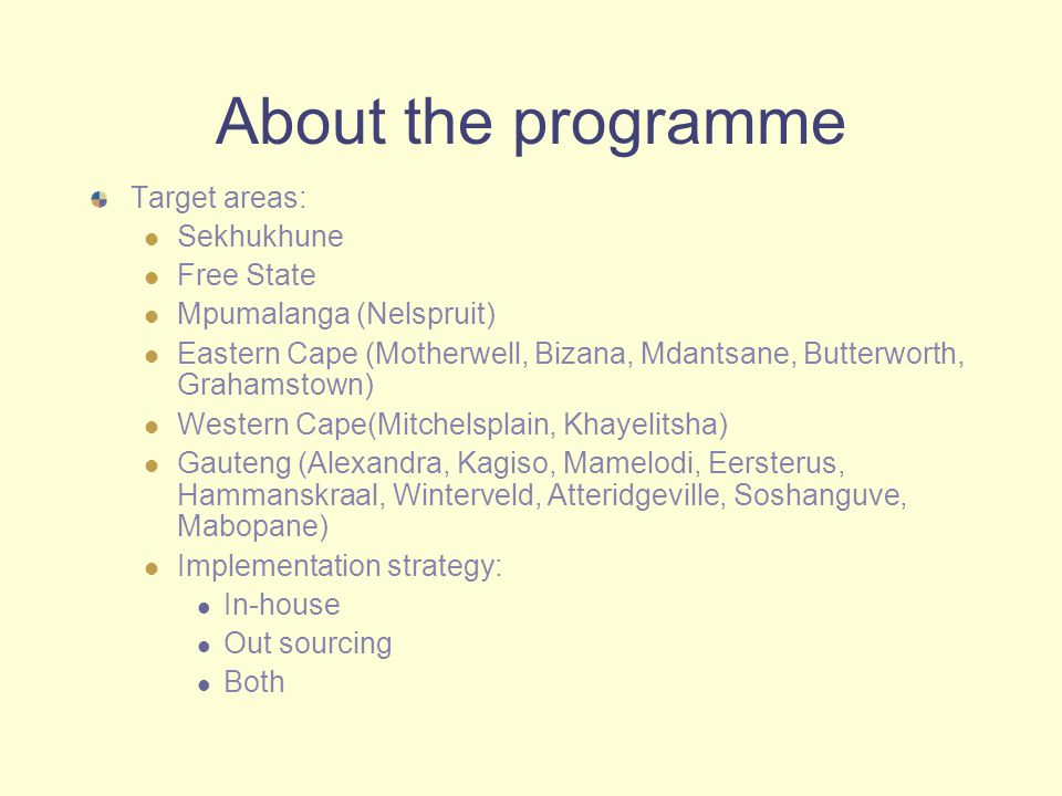 About the programme Target areas: Sekhukhune Free State Mpumalanga (Nelspruit) Eastern Cape (Motherwell, Bizana, Mdantsane, Butterworth, Grahamstown) Western Cape(Mitchelsplain, Khayelitsha) Gauteng (Alexandra, Kagiso, Mamelodi, Eersterus, Hammanskraal, Winterveld, Atteridgeville, Soshanguve, Mabopane) Implementation strategy: In-house Out sourcing Both