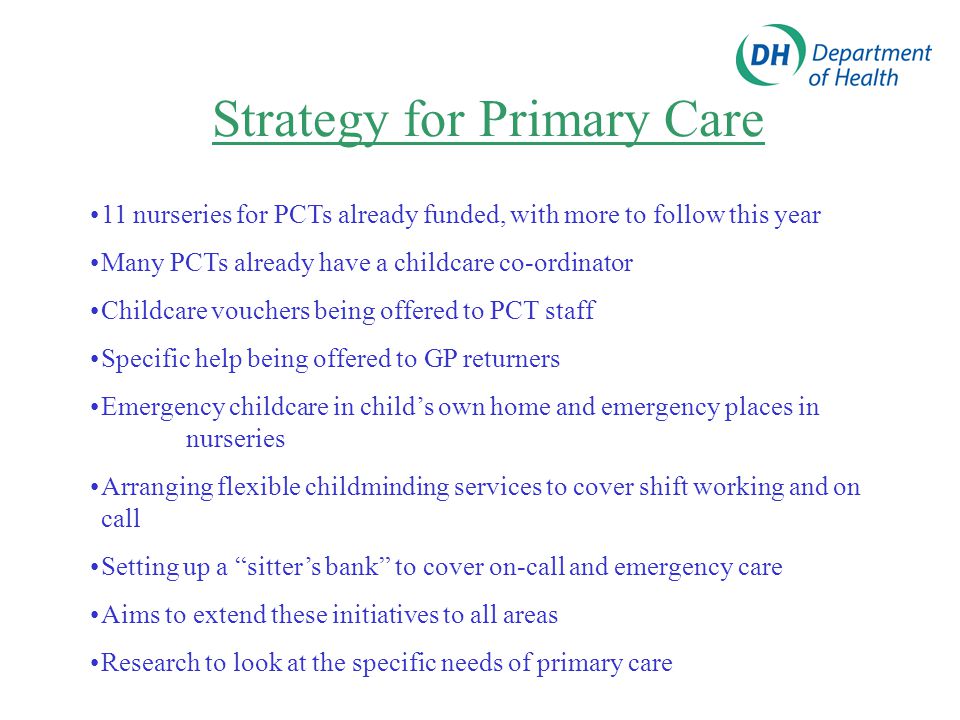 Strategy for Primary Care 11 nurseries for PCTs already funded, with more to follow this year Many PCTs already have a childcare co-ordinator Childcare vouchers being offered to PCT staff Specific help being offered to GP returners Emergency childcare in child’s own home and emergency places in nurseries Arranging flexible childminding services to cover shift working and on call Setting up a sitter’s bank to cover on-call and emergency care Aims to extend these initiatives to all areas Research to look at the specific needs of primary care
