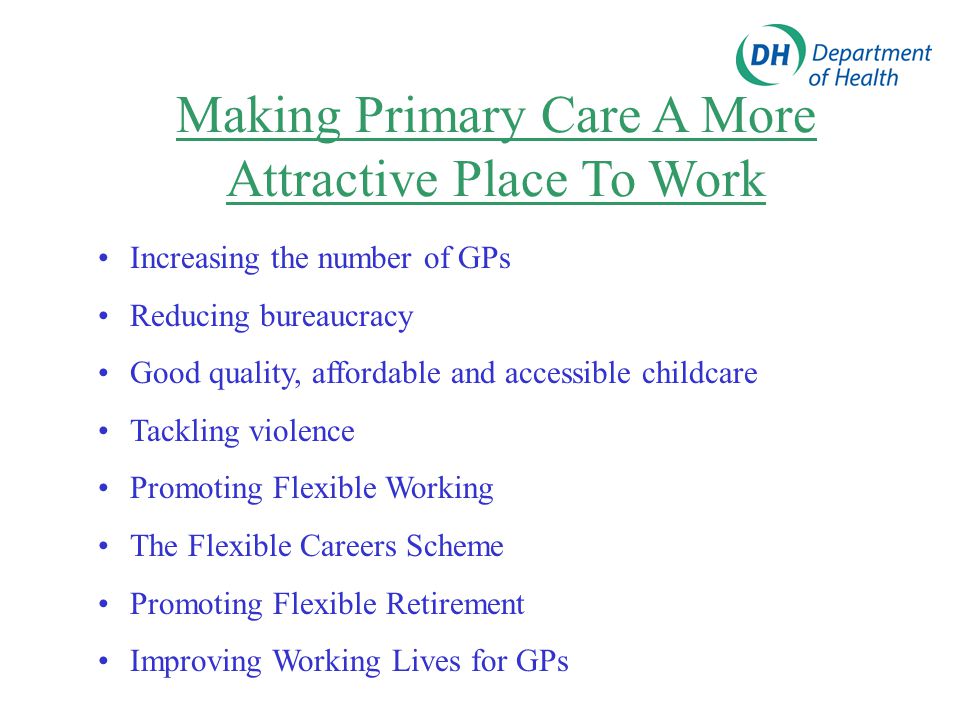Making Primary Care A More Attractive Place To Work Increasing the number of GPs Reducing bureaucracy Good quality, affordable and accessible childcare Tackling violence Promoting Flexible Working The Flexible Careers Scheme Promoting Flexible Retirement Improving Working Lives for GPs