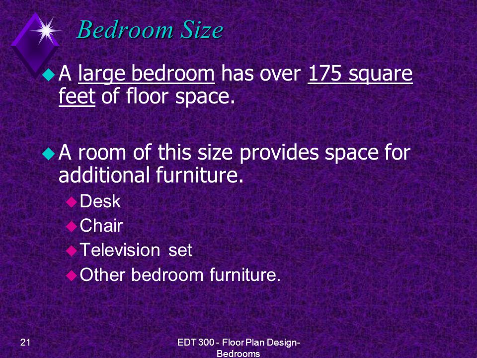 21EDT Floor Plan Design- Bedrooms Bedroom Size u A large bedroom has over 175 square feet of floor space.