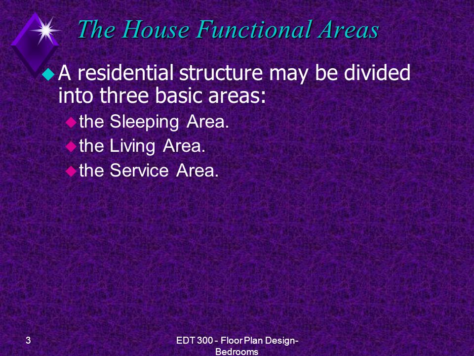 3EDT Floor Plan Design- Bedrooms The House Functional Areas u A residential structure may be divided into three basic areas: u the Sleeping Area.