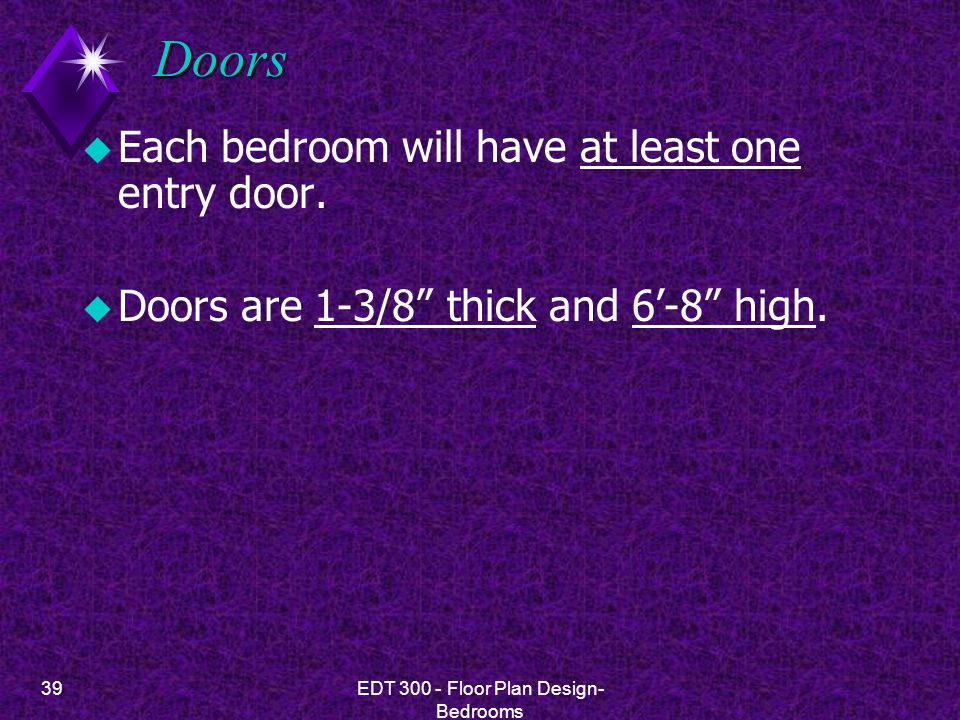 39EDT Floor Plan Design- Bedrooms Doors u Each bedroom will have at least one entry door.