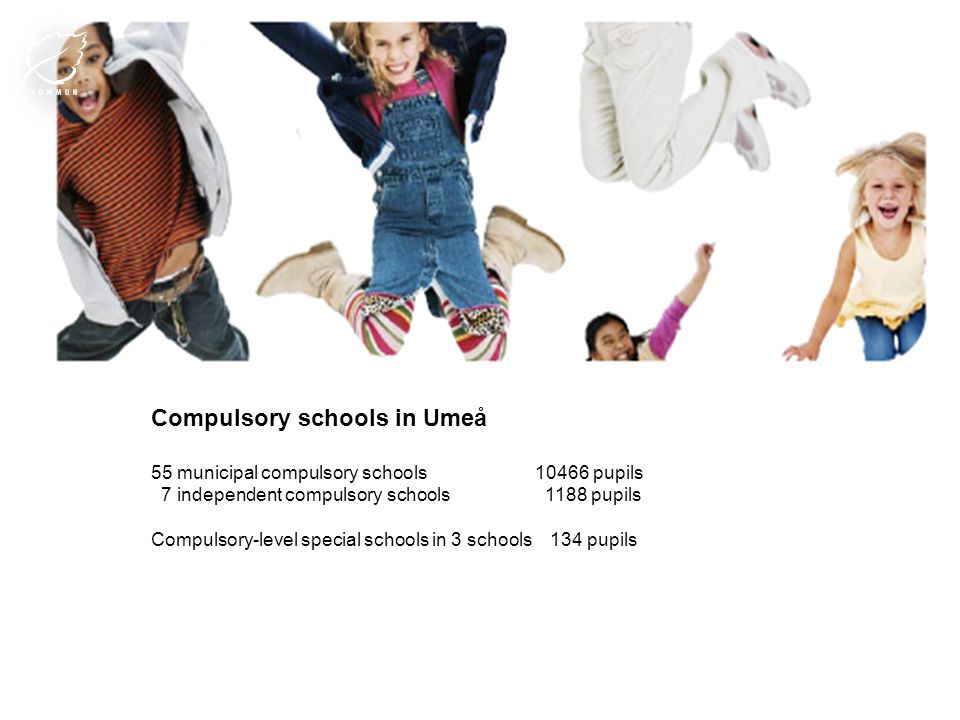 Compulsory schools in Umeå 55 municipal compulsory schools10466 pupils 7 independent compulsory schools 1188 pupils Compulsory-level special schools in 3 schools 134 pupils