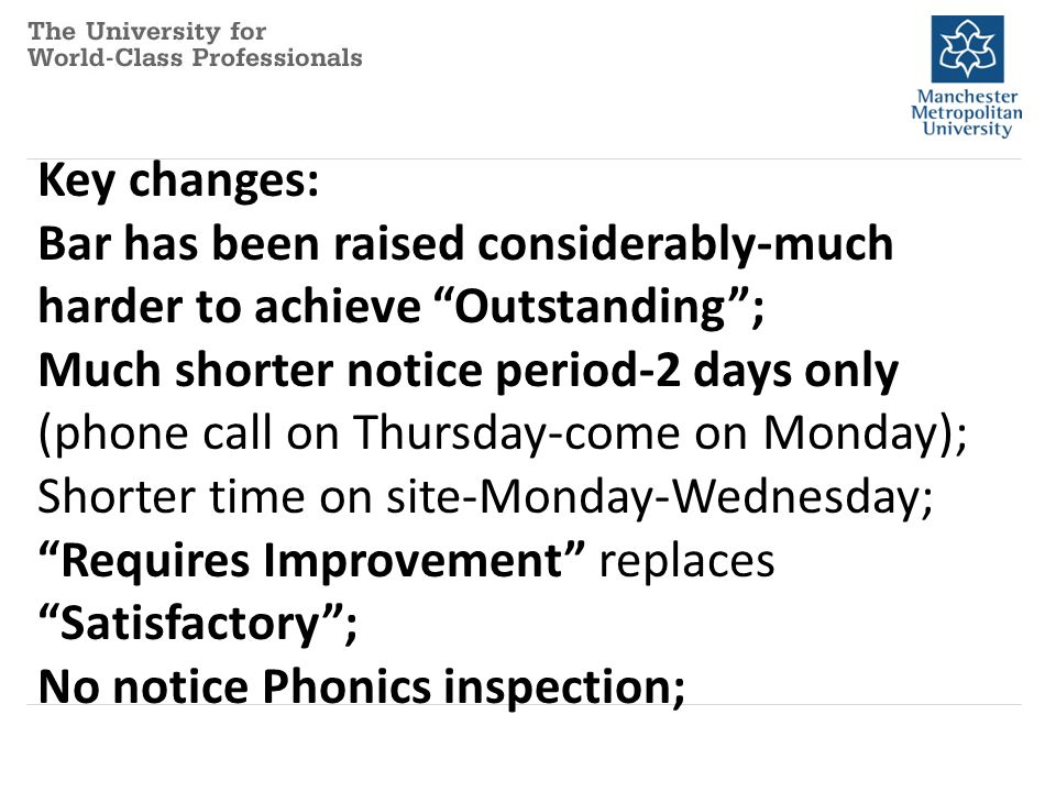 Key changes: Bar has been raised considerably-much harder to achieve Outstanding ; Much shorter notice period-2 days only (phone call on Thursday-come on Monday); Shorter time on site-Monday-Wednesday; Requires Improvement replaces Satisfactory ; No notice Phonics inspection;