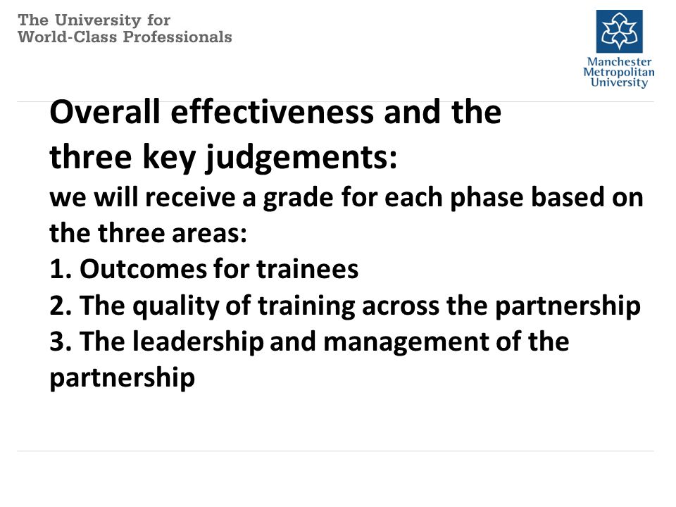 Overall effectiveness and the three key judgements: we will receive a grade for each phase based on the three areas: 1.