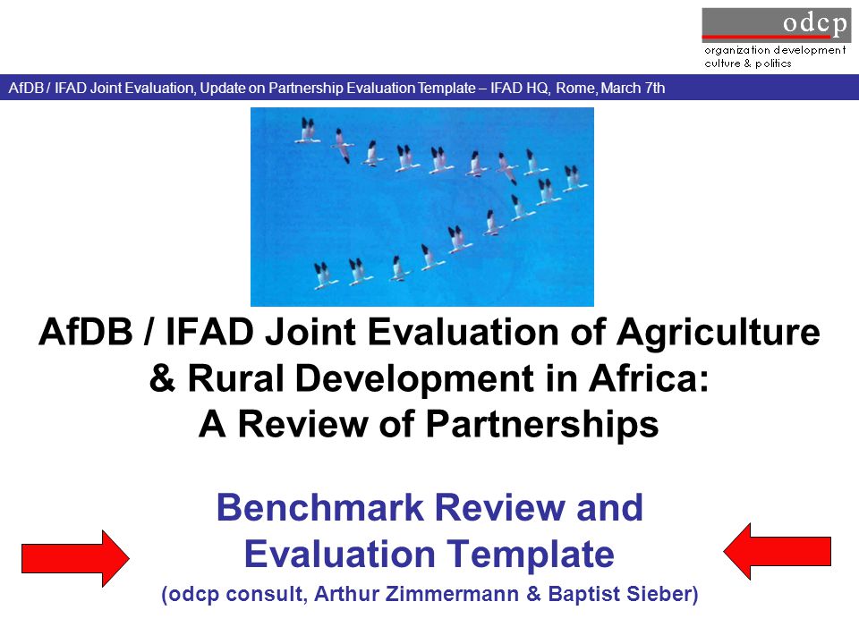 AfDB / IFAD Joint Evaluation of Agriculture & Rural Development in Africa: A Review of Partnerships Benchmark Review and Evaluation Template (odcp consult, Arthur Zimmermann & Baptist Sieber) AfDB / IFAD Joint Evaluation, Update on Partnership Evaluation Template – IFAD HQ, Rome, March 7th