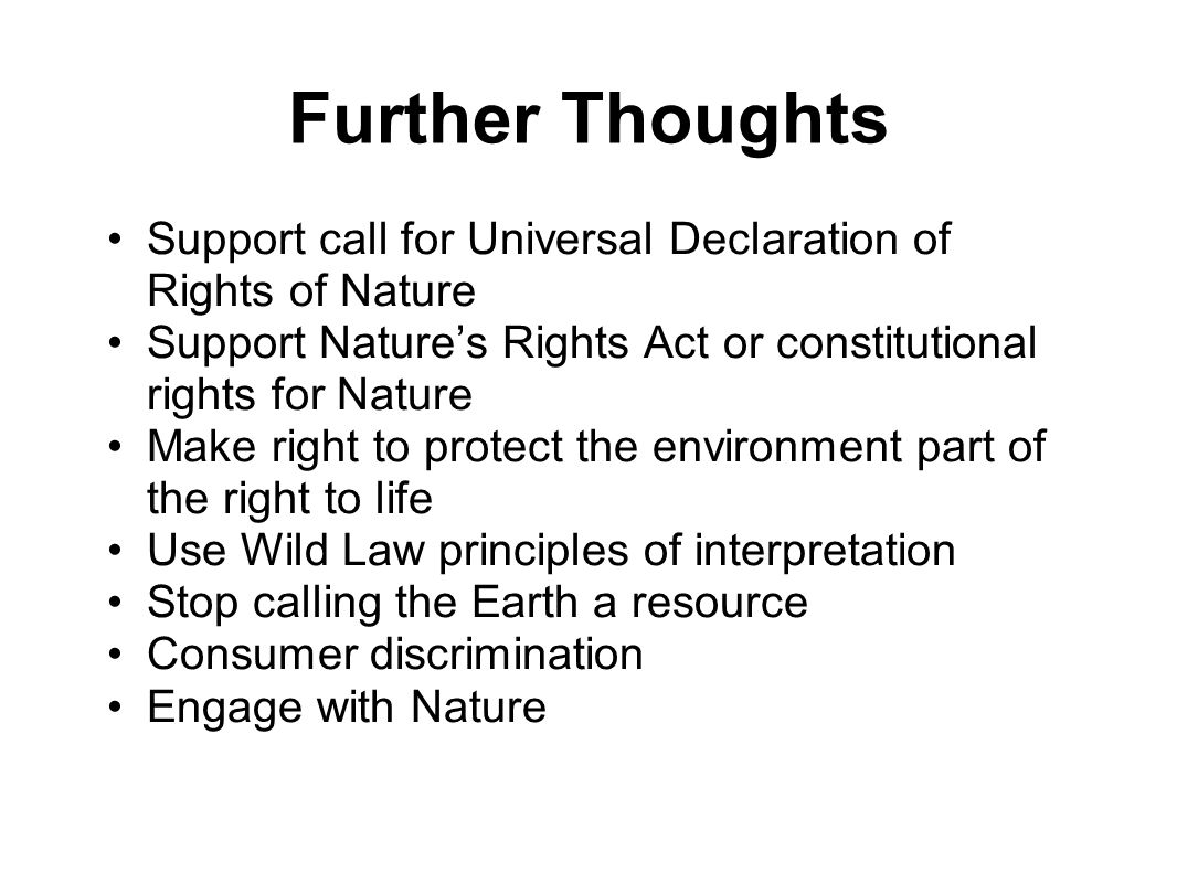 Further Thoughts Support call for Universal Declaration of Rights of Nature Support Nature’s Rights Act or constitutional rights for Nature Make right to protect the environment part of the right to life Use Wild Law principles of interpretation Stop calling the Earth a resource Consumer discrimination Engage with Nature