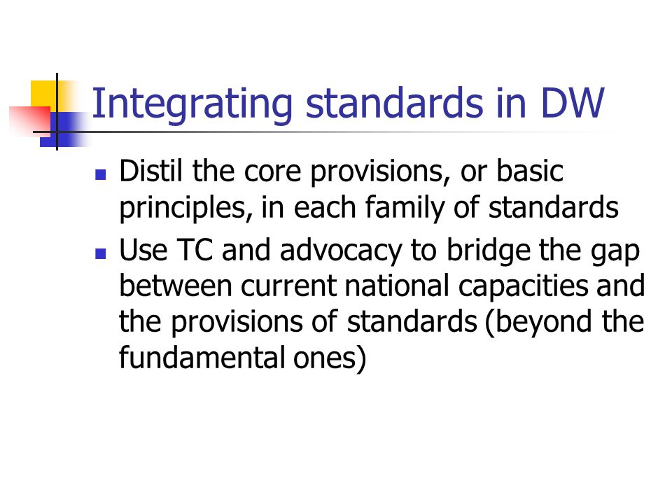 Integrating standards in DW Distil the core provisions, or basic principles, in each family of standards Use TC and advocacy to bridge the gap between current national capacities and the provisions of standards (beyond the fundamental ones)