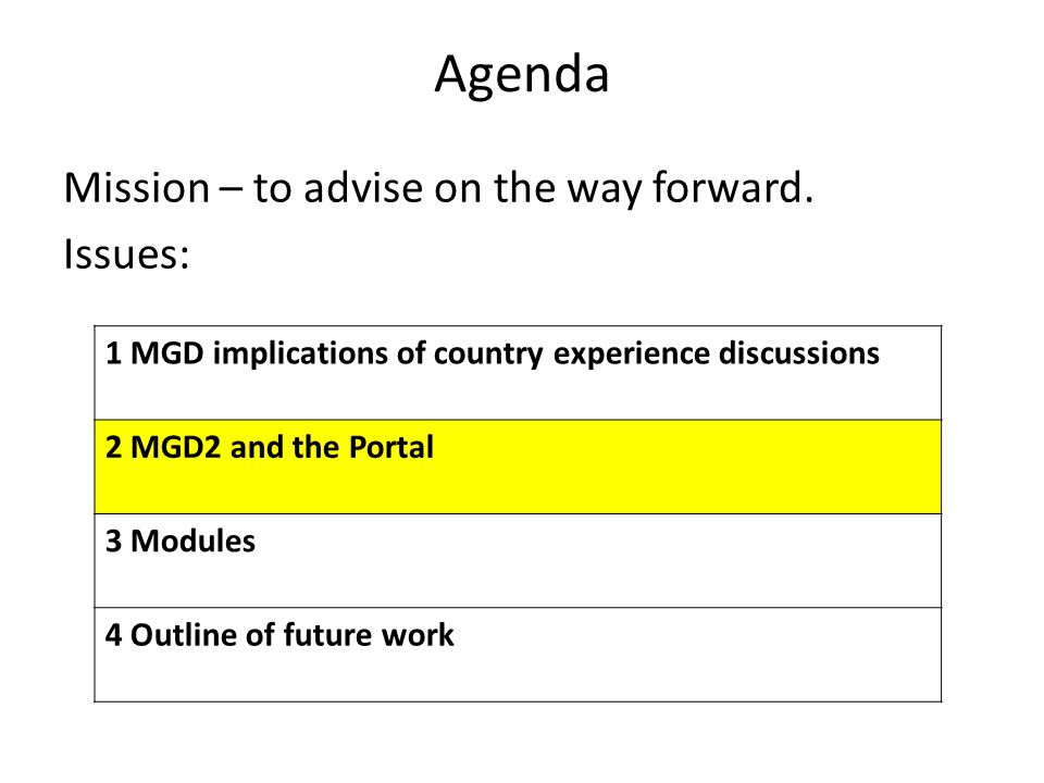 Agenda Mission – to advise on the way forward.