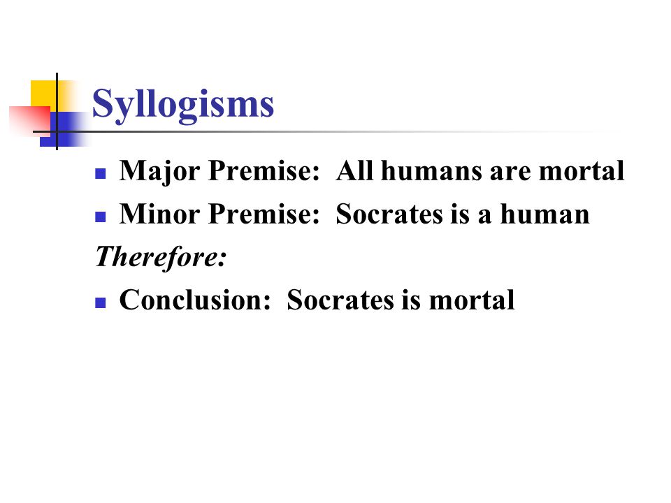 Syllogisms Major Premise: All humans are mortal Minor Premise: Socrates is a human Therefore: Conclusion: Socrates is mortal