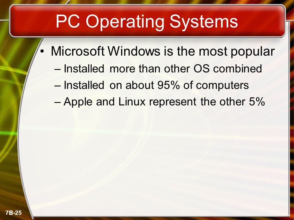 7B-25 PC Operating Systems Microsoft Windows is the most popular –Installed more than other OS combined –Installed on about 95% of computers –Apple and Linux represent the other 5%