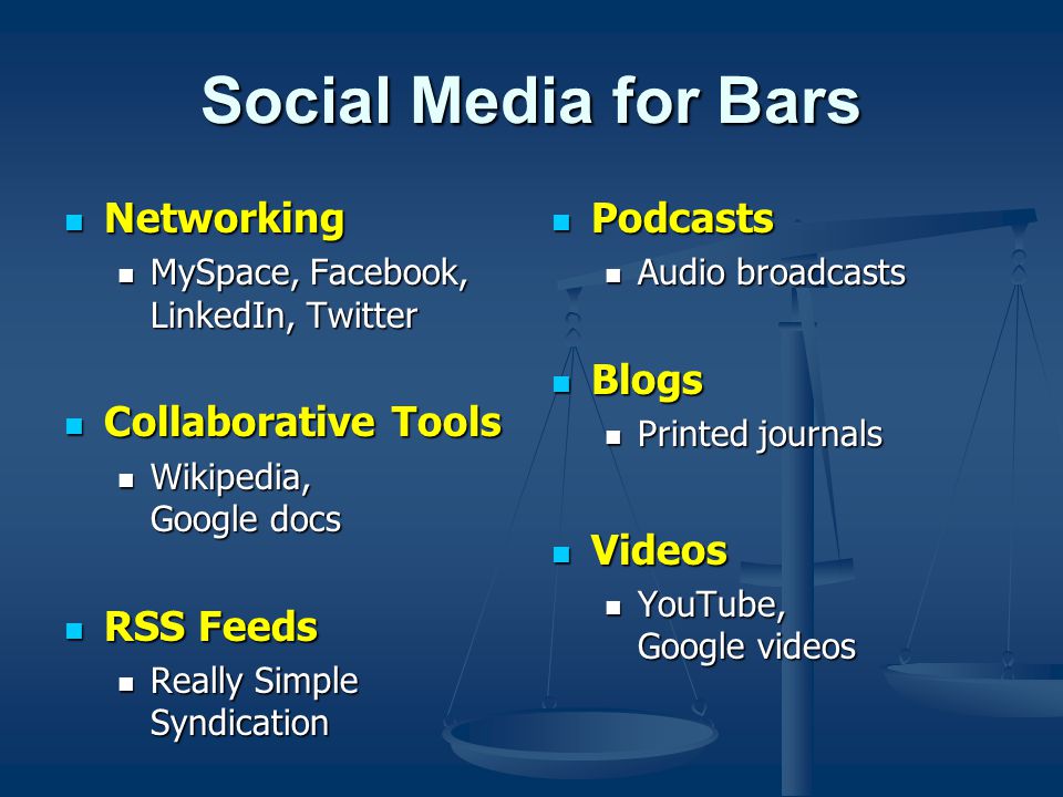 Social Media for Bars Networking Networking MySpace, Facebook, LinkedIn, Twitter MySpace, Facebook, LinkedIn, Twitter Collaborative Tools Collaborative Tools Wikipedia, Google docs Wikipedia, Google docs RSS Feeds RSS Feeds Really Simple Syndication Really Simple Syndication Podcasts Audio broadcasts Blogs Printed journals Videos YouTube, Google videos
