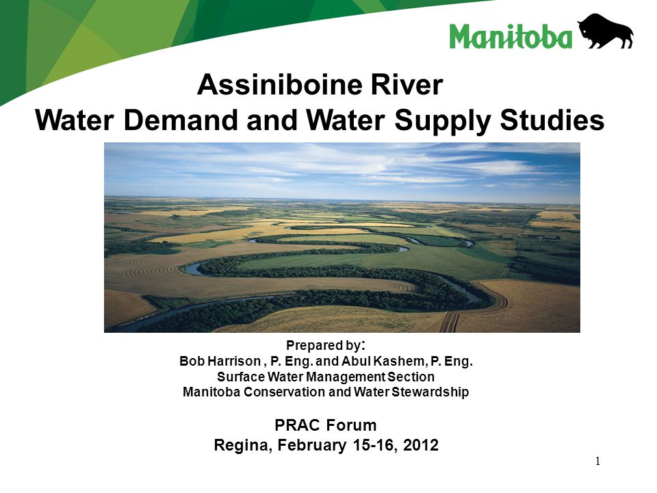 1 Assiniboine River Water Demand and Water Supply Studies Prepared by : Bob Harrison, P.
