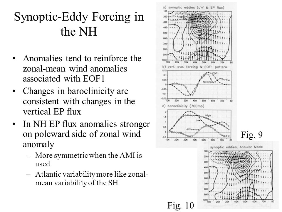 Synoptic-Eddy Forcing in the NH Anomalies tend to reinforce the zonal-mean wind anomalies associated with EOF1 Changes in baroclinicity are consistent with changes in the vertical EP flux In NH EP flux anomalies stronger on poleward side of zonal wind anomaly –More symmetric when the AMI is used –Atlantic variability more like zonal- mean variability of the SH Fig.