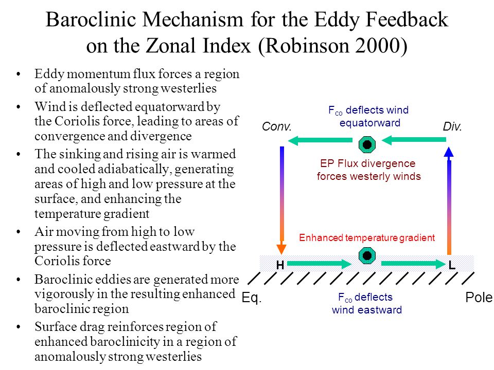 Baroclinic Mechanism for the Eddy Feedback on the Zonal Index (Robinson 2000) Eddy momentum flux forces a region of anomalously strong westerlies Wind is deflected equatorward by the Coriolis force, leading to areas of convergence and divergence The sinking and rising air is warmed and cooled adiabatically, generating areas of high and low pressure at the surface, and enhancing the temperature gradient Air moving from high to low pressure is deflected eastward by the Coriolis force Baroclinic eddies are generated more vigorously in the resulting enhanced baroclinic region Surface drag reinforces region of enhanced baroclinicity in a region of anomalously strong westerlies Eq.Pole HL Conv.Div.