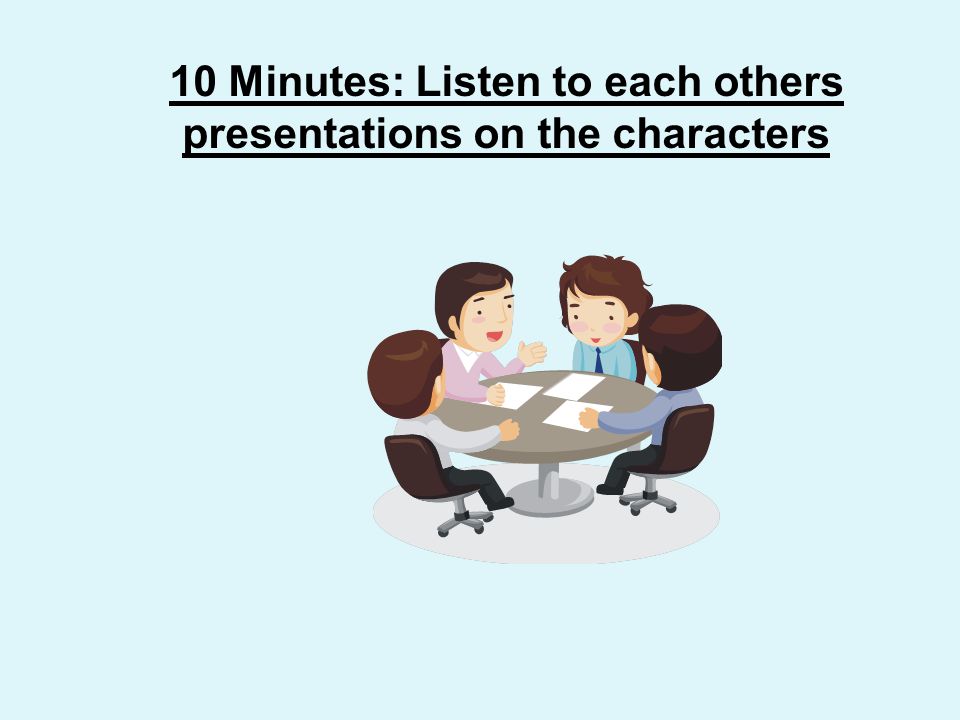10 Minutes: Listen to each others presentations on the characters