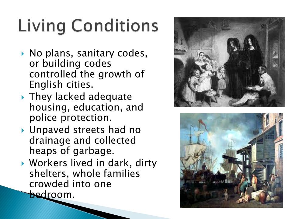  No plans, sanitary codes, or building codes controlled the growth of English cities.