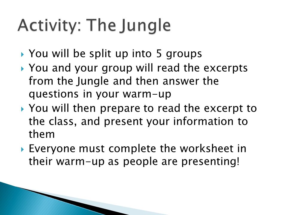  You will be split up into 5 groups  You and your group will read the excerpts from the Jungle and then answer the questions in your warm-up  You will then prepare to read the excerpt to the class, and present your information to them  Everyone must complete the worksheet in their warm-up as people are presenting!