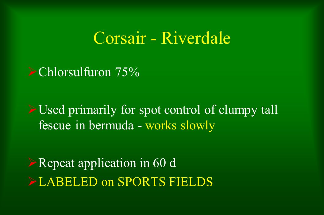 Corsair - Riverdale  Chlorsulfuron 75%  Used primarily for spot control of clumpy tall fescue in bermuda - works slowly  Repeat application in 60 d  LABELED on SPORTS FIELDS