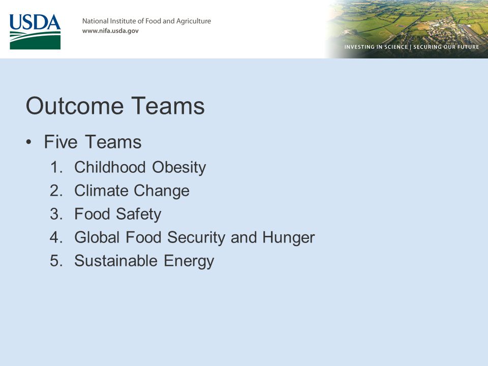 Outcome Teams Five Teams 1.Childhood Obesity 2.Climate Change 3.Food Safety 4.Global Food Security and Hunger 5.Sustainable Energy