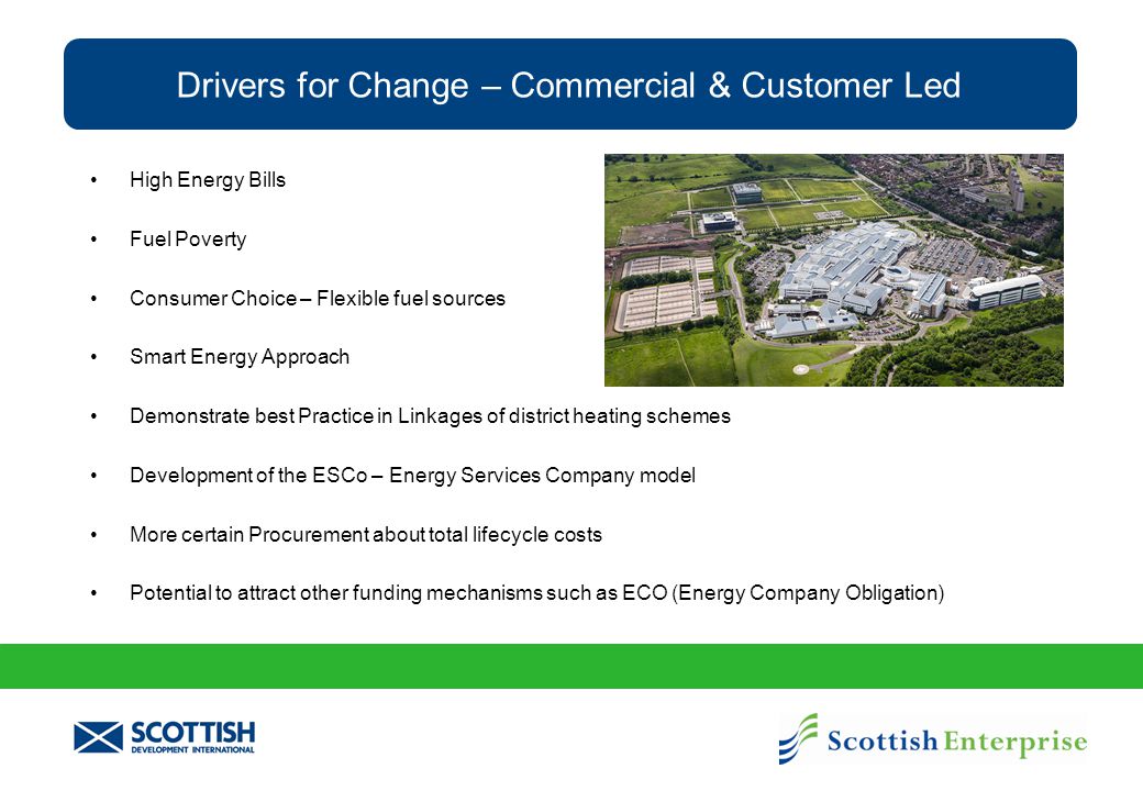 Drivers for Change – Commercial & Customer Led High Energy Bills Fuel Poverty Consumer Choice – Flexible fuel sources Smart Energy Approach Demonstrate best Practice in Linkages of district heating schemes Development of the ESCo – Energy Services Company model More certain Procurement about total lifecycle costs Potential to attract other funding mechanisms such as ECO (Energy Company Obligation)