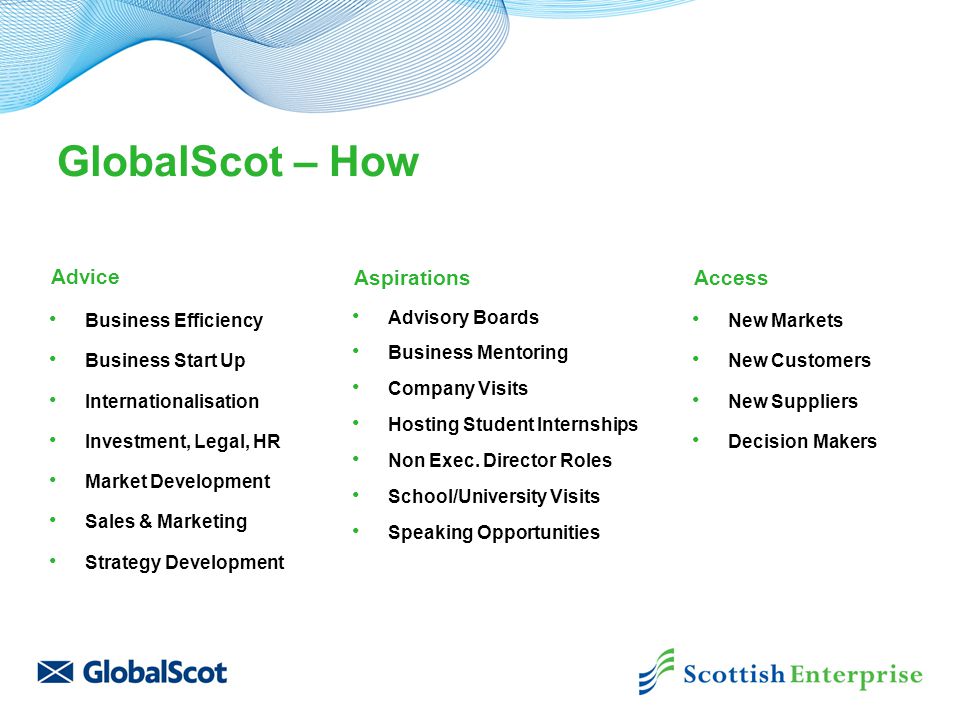 GlobalScot – How Business Efficiency Business Start Up Internationalisation Investment, Legal, HR Market Development Sales & Marketing Strategy Development New Markets New Customers New Suppliers Decision Makers Advisory Boards Business Mentoring Company Visits Hosting Student Internships Non Exec.