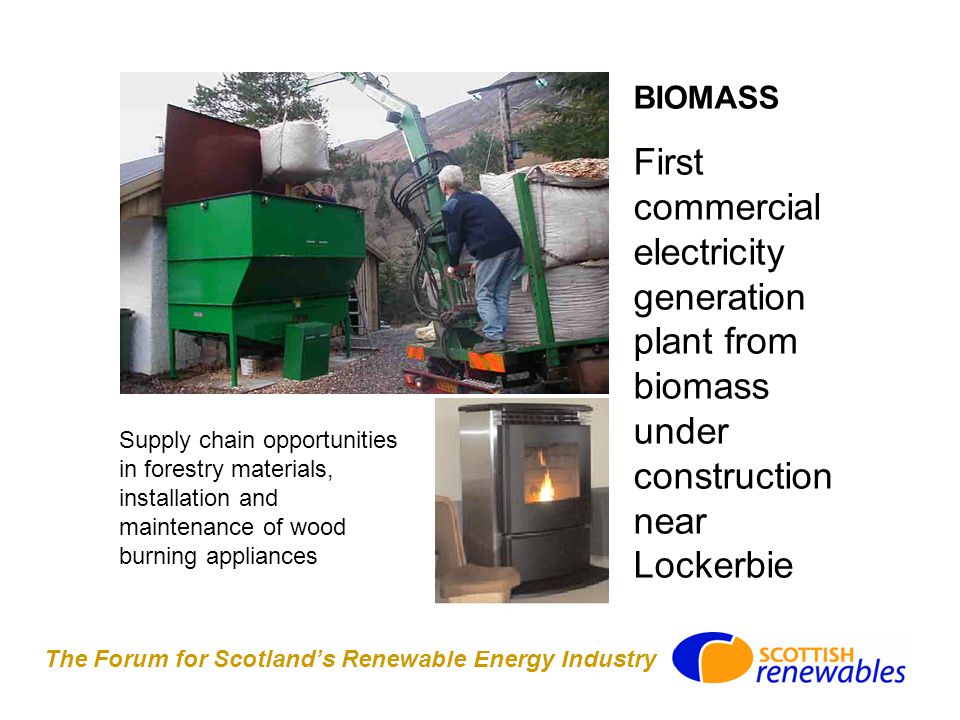 The Forum for Scotland’s Renewable Energy Industry BIOMASS First commercial electricity generation plant from biomass under construction near Lockerbie Supply chain opportunities in forestry materials, installation and maintenance of wood burning appliances