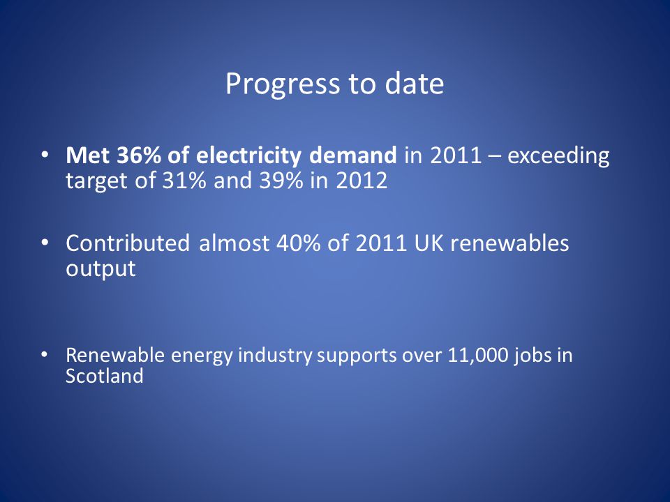 Progress to date Met 36% of electricity demand in 2011 – exceeding target of 31% and 39% in 2012 Contributed almost 40% of 2011 UK renewables output Renewable energy industry supports over 11,000 jobs in Scotland