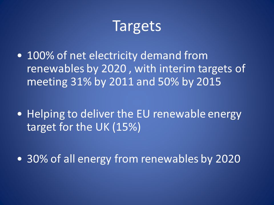 Targets 100% of net electricity demand from renewables by 2020, with interim targets of meeting 31% by 2011 and 50% by 2015 Helping to deliver the EU renewable energy target for the UK (15%) 30% of all energy from renewables by 2020