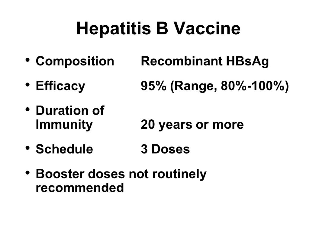 Hepatitis B Vaccine CompositionRecombinant HBsAg Efficacy95% (Range, 80%-100%) Duration of Immunity20 years or more Schedule3 Doses Booster doses not routinely recommended