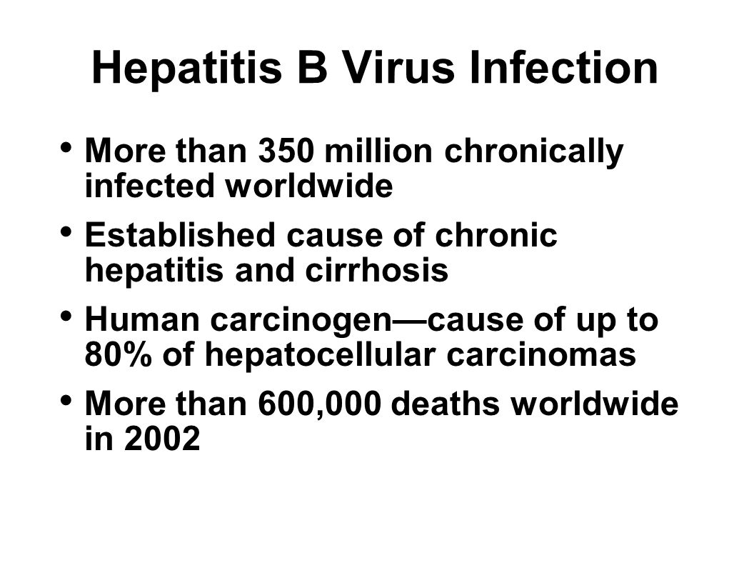 Hepatitis B Virus Infection More than 350 million chronically infected worldwide Established cause of chronic hepatitis and cirrhosis Human carcinogen—cause of up to 80% of hepatocellular carcinomas More than 600,000 deaths worldwide in 2002