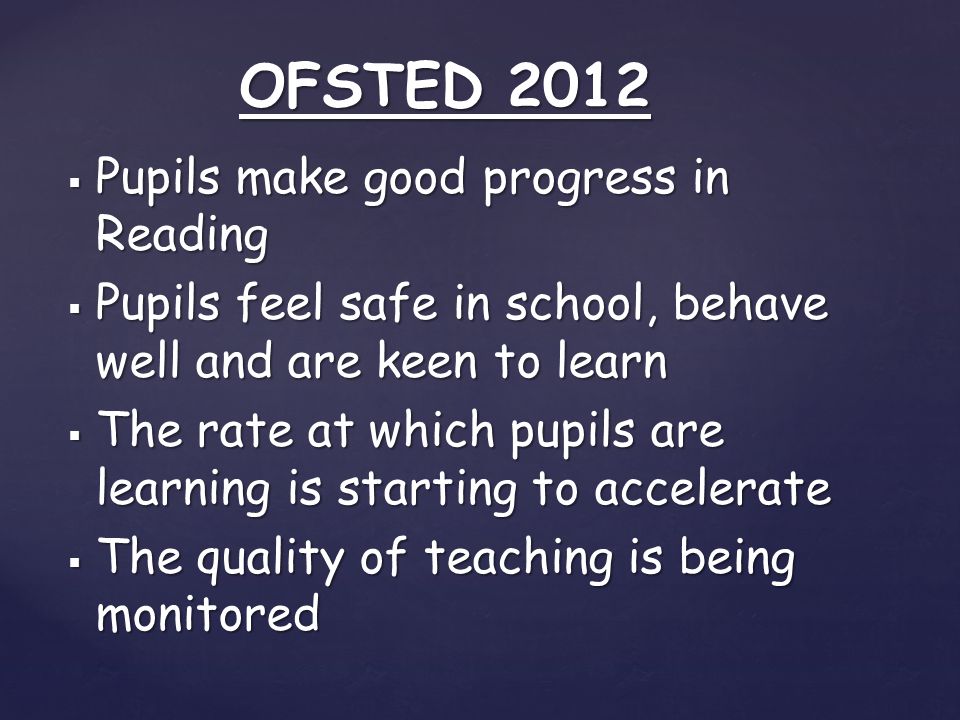  Pupils make good progress in Reading  Pupils feel safe in school, behave well and are keen to learn  The rate at which pupils are learning is starting to accelerate  The quality of teaching is being monitored OFSTED 2012