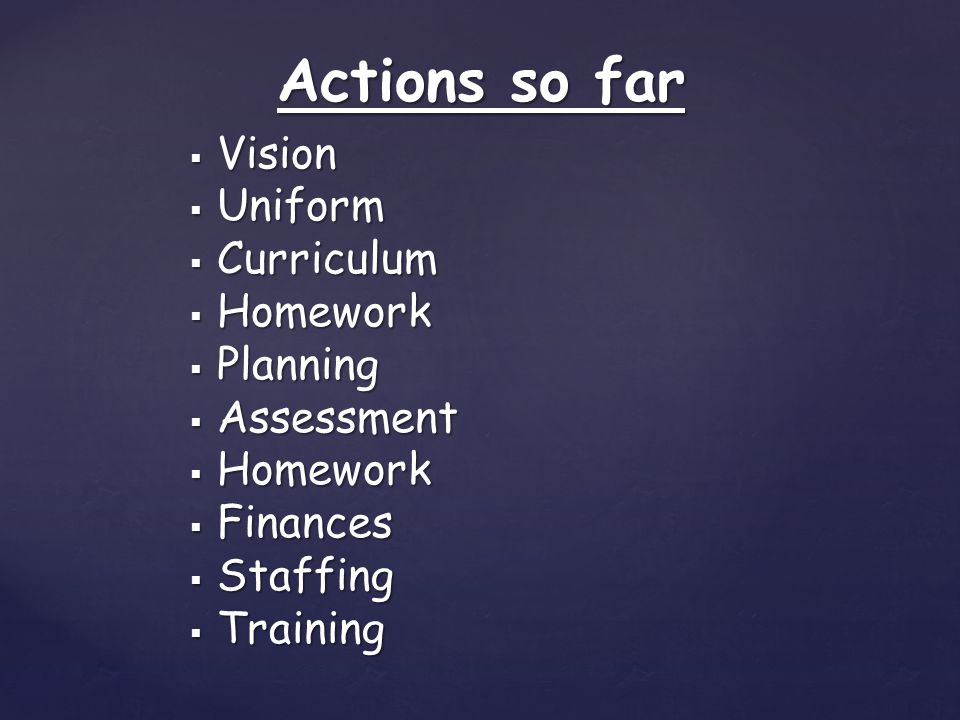 Actions so far  Vision  Uniform  Curriculum  Homework  Planning  Assessment  Homework  Finances  Staffing  Training