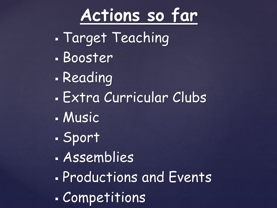 Actions so far  Target Teaching  Booster  Reading  Extra Curricular Clubs  Music  Sport  Assemblies  Productions and Events  Competitions