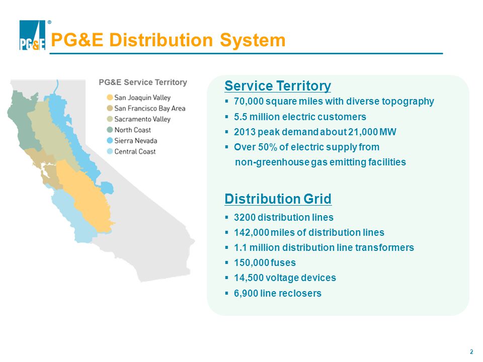 2 PG&E Distribution System Service Territory  70,000 square miles with diverse topography  5.5 million electric customers  2013 peak demand about 21,000 MW  Over 50% of electric supply from non-greenhouse gas emitting facilities Distribution Grid  3200 distribution lines  142,000 miles of distribution lines  1.1 million distribution line transformers  150,000 fuses  14,500 voltage devices  6,900 line reclosers